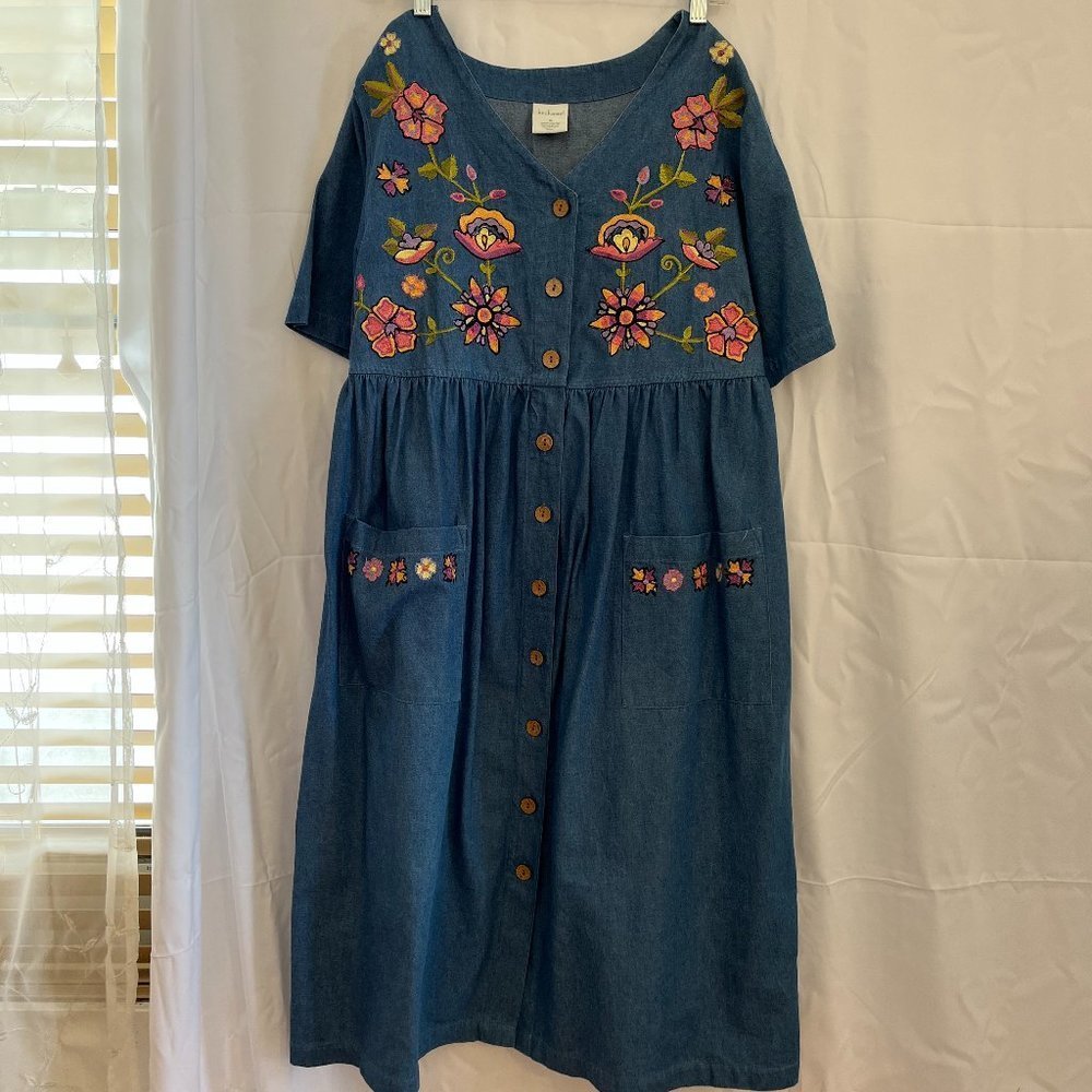 Bechamel Denim Midi Dress with Multicolor Floral Embroidery